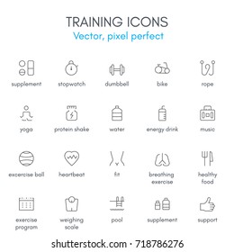 Training theme, line icon set. Pixel perfect, fully editable stroke, black and white, vector icon set suitable for websites, info graphics, and print media.