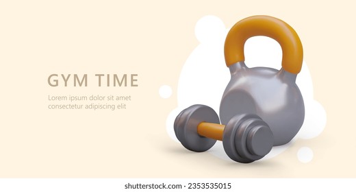 Training time. Advertising poster of gym. Heavy workout exercise equipment. Work on muscles of arms and body. Concept in plasticine style. Place for announcements, promotional offers, contacts