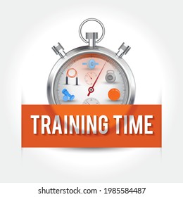Training Time concept. Stopwatch with a orange information banner.