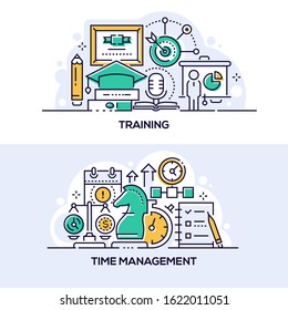 Training and time management banner templates set. Education and workflow organization symbols thin line illustrations with typography. Knowledge gain, skills development, work efficiency optimization