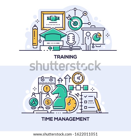 Training and time management banner templates set. Education and workflow organization symbols thin line illustrations with typography. Knowledge gain, skills development, work efficiency optimization