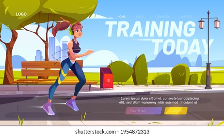 Training today cartoon landing page, sportswoman outdoor running workout. Fit smiling girl in headset sports activity, jogging exercising in summer city park, healthy lifestyle, Vector web banner