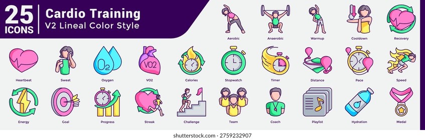 Training Tools Performance Bundle includes 25 icons for conditioning, calisthenics, rehab, and agility drills. Lineal Color style.
