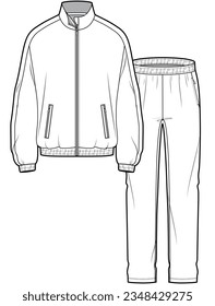 training tracksuit full zip long sleeve jacket and pants running jogging athletic sports wear set flat sketch vector illustration technical cad drawing template svg