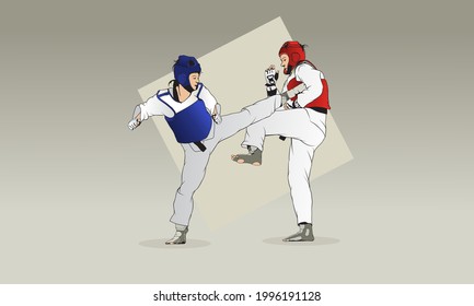 Training of two girls in taekwondo. The girls are protected by suits and are also wearing a helmet and gloves.