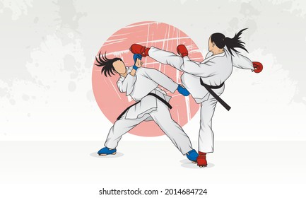 Entrenamiento de dos mujeres con cinturones negros en karate.