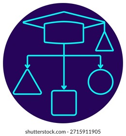 Ícone Tipo de Treinamento. Contorno de néon minimalista em um fundo redondo azul escuro. Uma ilustração vetorial elegante de um cap acadêmico e um gráfico de processo ramificando-se em diferentes formas geométricas, simbolizando vários tipos de treinamento de aprendizado de máquina (supervisionado, não supervisionado), saída de modelo e roteamento de decisão
