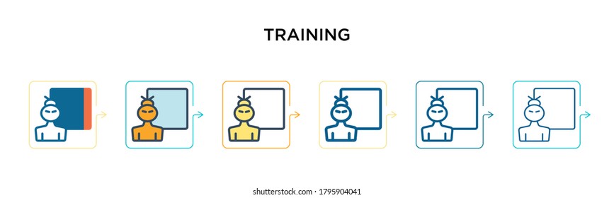 Training vector icon in 6 different modern styles. Black, two colored training icons designed in filled, outline, line and stroke style. Vector illustration can be used for web, mobile, ui