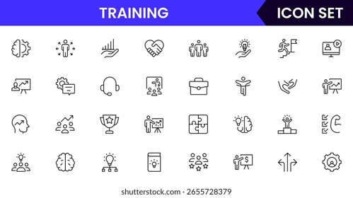 Treinamento vetor web line icon collection, ilustrações elegantes de orientação, ensino, apoio, colaboração para inspirador, projetos educacionais.