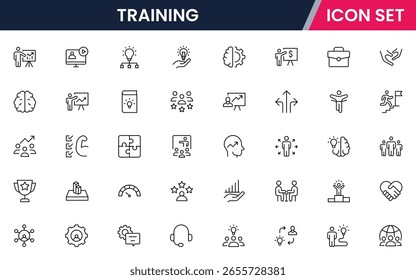 Training vector web line icon collection, sleek illustrations of guidance, teaching, support, collaboration for inspiring, educational designs.