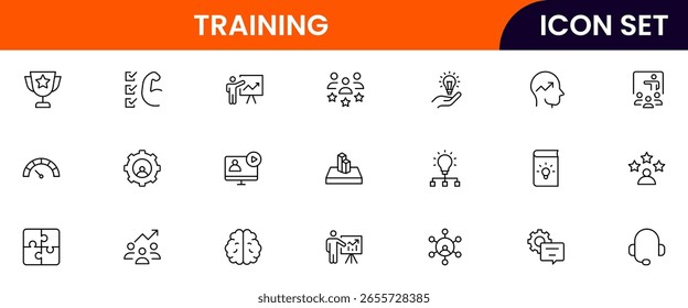Training vector web line icon collection, sleek illustrations of guidance, teaching, support, collaboration for inspiring, educational designs.