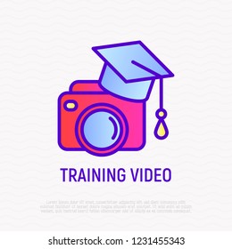 Training video thin line icon: camera in graduation cap. Modern vector illustration for logo of tutorial video.