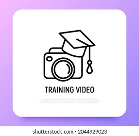 Training video thin line icon: camera in graduation cap. Modern vector illustration for logo of tutorial video.