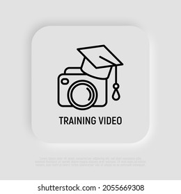 Training video thin line icon: camera in graduation cap. Modern vector illustration for logo of tutorial video.