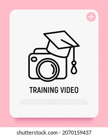 Training video thin line icon: camera in graduation cap. Modern vector illustration for logo of tutorial video.