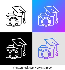 Training video thin line icon: camera in graduation cap. Modern vector illustration for logo of tutorial video.