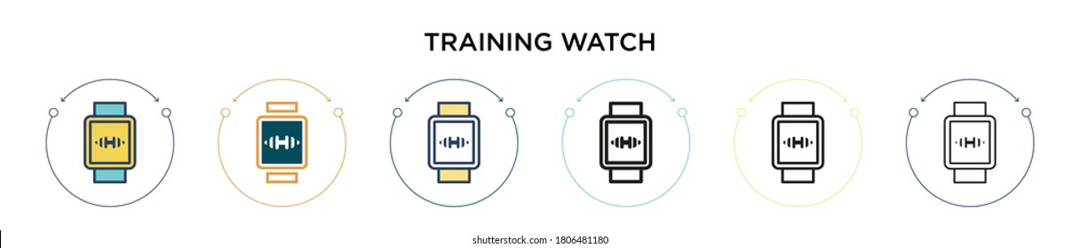 Training watch icon in filled, thin line, outline and stroke style. Vector illustration of two colored and black training watch vector icons designs can be used for mobile, ui, web