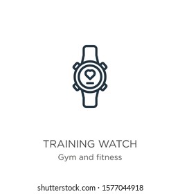 Training watch icon. Thin linear training watch outline icon isolated on white background from gym and fitness collection. Line vector sign, symbol for web and mobile