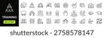 Training Web Icon Set in Linear Style. Collection of workshop, line icons, including coaching, meeting, education, conference, mentoring, teamwork, presentation, seminar and more. Editable stroke