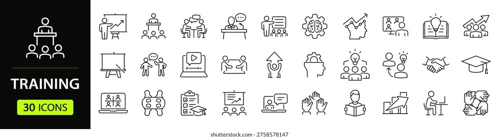 Training Web Icon Set in Linear Style. Collection of workshop, line icons, including coaching, meeting, education, conference, mentoring, teamwork, presentation, seminar and more. Editable stroke