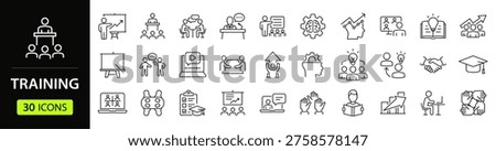 Training Web Icon Set in Linear Style. Collection of workshop, line icons, including coaching, meeting, education, conference, mentoring, teamwork, presentation, seminar and more. Editable stroke