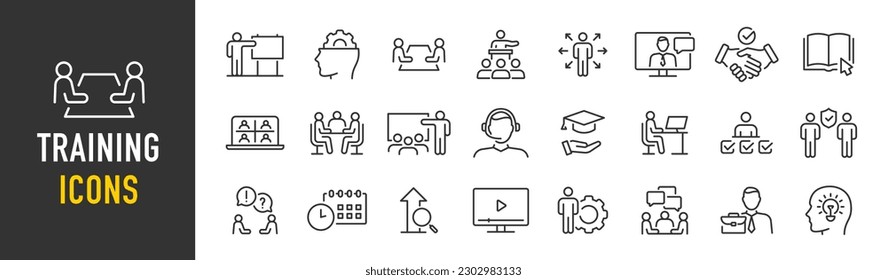 Training web icons in line style. Education, seminar, online test, webinar, course, distance learning collection. Vector illustration.