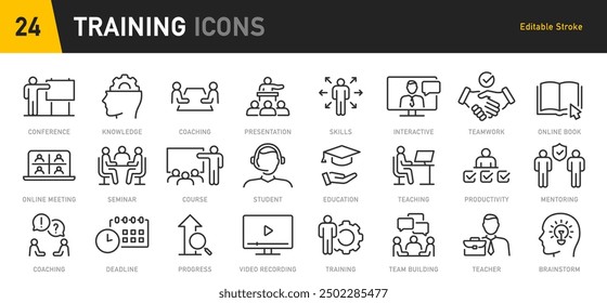 Training web icons in line style. Education, seminar, online test, webinar, course, distance learning collection. Vector illustration.	