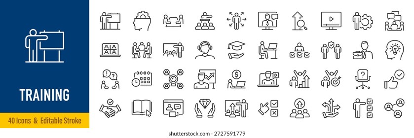 Iconos web de entrenamiento en estilo de línea. Educación, seminario, prueba en línea, seminario web, curso, colección de aprendizaje a distancia. Trazo editable. Ilustración vectorial.
