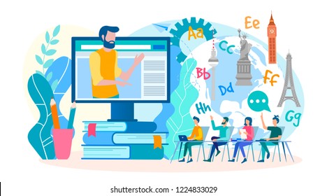 Training and webinars, foreign language lessons online. Classes in foreign languages in the group online. Vector illustration.