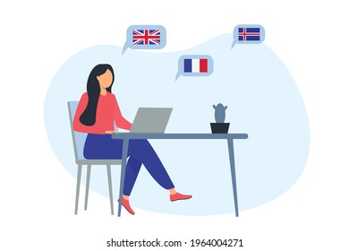 Training and webinars or foreign language lessons online flat vector illustration isolated on white background. Foreign language classes online