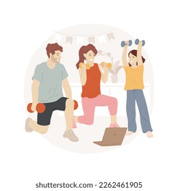 Training with weights isolated cartoon vector illustration. Young family training online with weights together, people active lifestyle, physical activity, fitness at home vector cartoon.