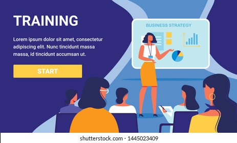 Training for Woman. Course Business Strategy. Advertising Image. Presentation New Woman Training. Training for Women. Vector Illustration. Woman Holds Lecture. Take Note Lecture. Monitor Screen.
