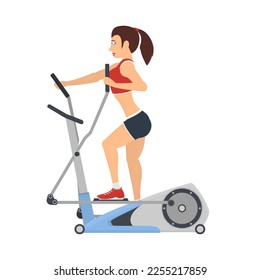 Training of a woman. Elliptical exercise equipment, vector illustration