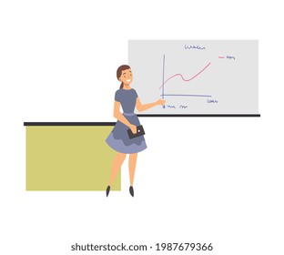 Training with Woman Instructor Showing Graph on White Flipchart Vector Illustration