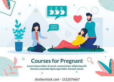 Training for Women. Pregnant Woman and Husband Learn Exercises from an Experienced Doctor. Prompt Horizontal Flyer Courses for Pregnant. Secret Popularity Express Vector Illustration.