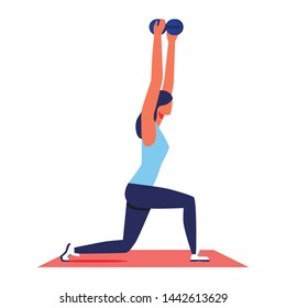 Training for Women. Woman Lifts Dumbbells Up. Sports Suit. Pumping Muscles. Woman Engaged Fitness on White Background. Vector Illustration. Healthy Lifestyle. Power Train. Fitness Girl.