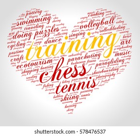 Training. Word cloud, heart, italic font, grey gradient background. Hobby.