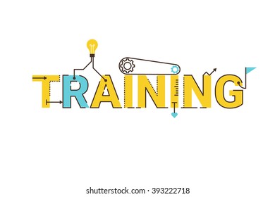 Training word lettering typography design illustration with line icons and ornaments in cheerful yellow theme
