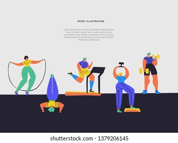 Training, working out hand drawn flat illustration. People in sportswear doing exercises cartoon characters. Jumping rope, headstand, jog, weight lifting. Magazine article, banner template with text