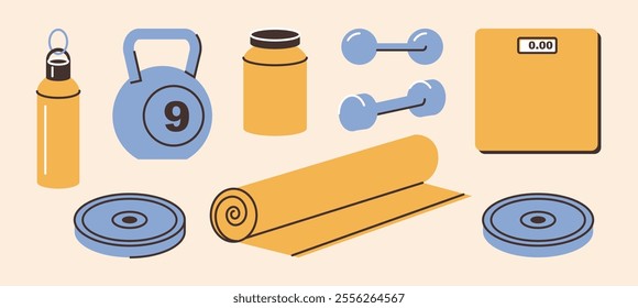 Training and working out sports equipment. Vector isolated set of weigh scales, yoga mat and shaker, water bottle and kettlebell, and dumbbells. Bodybuilder routine and exercise practice