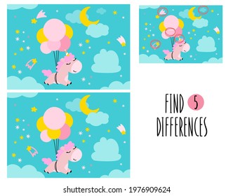 A training worksheet with a unicorn in the sky. Find 5 differences