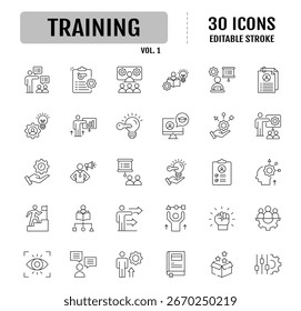 Conjunto de ícones de linha de treinamento e workshop. Traçado editável. Ilustração vetorial