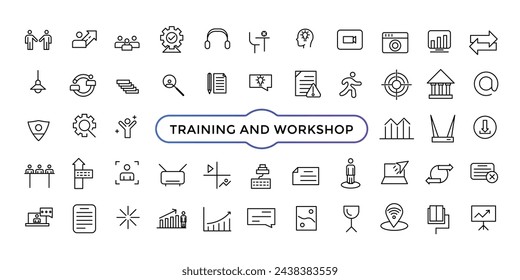Training and Workshop line icons collection. Big UI icon set. Thin outline icons pack. V vector illustration.