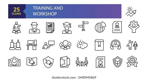 Colección de iconos de la línea de formación y taller. Conjunto de iconos de IU en diseño plano. Reclutamiento, currículum, candidato, entrevista icono simple.