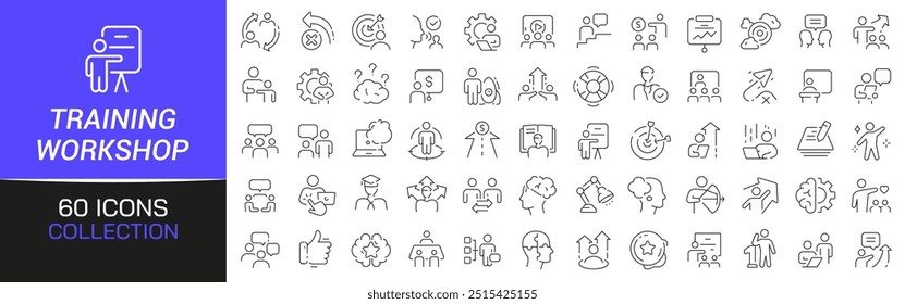 Coleção de ícones de linha de treinamento e workshop. Pacote fino de ícones de estrutura de tópicos. Coleção de ícones de interface do usuário. Conjunto de pictogramas de linha da Web