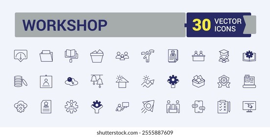 Training and Workshop line icons set. Related to activity, work, coaching, teamwork, job, e learning, education and more. Outline icon collections. Editable vector illustration.