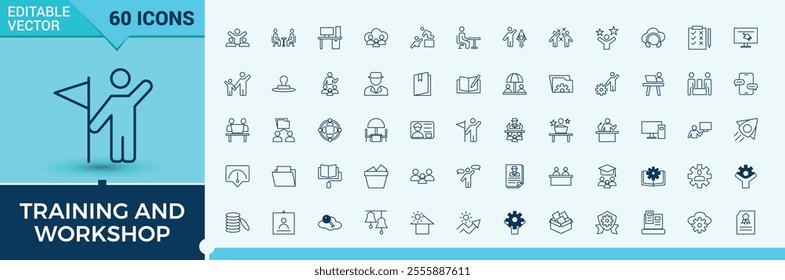 Training and Workshop line icons set. Related to activity, work, coaching, teamwork, job, e learning, education and more. Outline icon collections. Editable vector illustration.