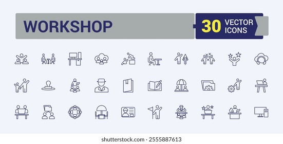 Training and Workshop line icons set. Related to activity, work, coaching, teamwork, job, e learning, education and more. Outline icon collections. Editable vector illustration.