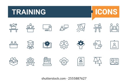 Training and Workshop line icons set. Related to activity, work, coaching, teamwork, job, e learning, education and more. Outline icon collections. Editable vector illustration.