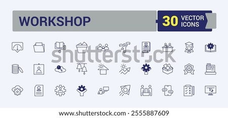 Training and Workshop line icons set. Related to activity, work, coaching, teamwork, job, e learning, education and more. Outline icon collections. Editable vector illustration.